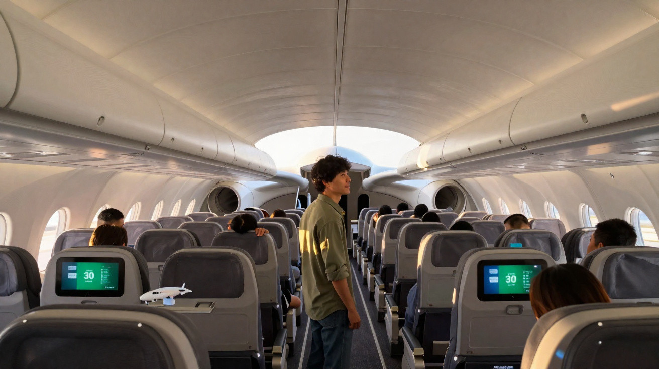 Interior de avião comercial com assentos cinza, passageiros sentados e jovem em pé no corredor central.