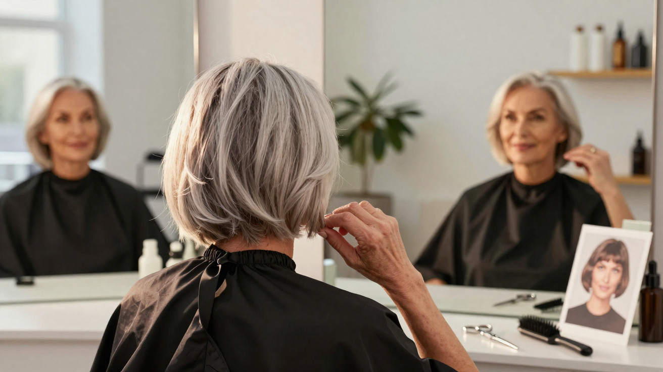Mulher idosa com cabelo grisalho curto sentada em salão de beleza olhando seu reflexo no espelho.