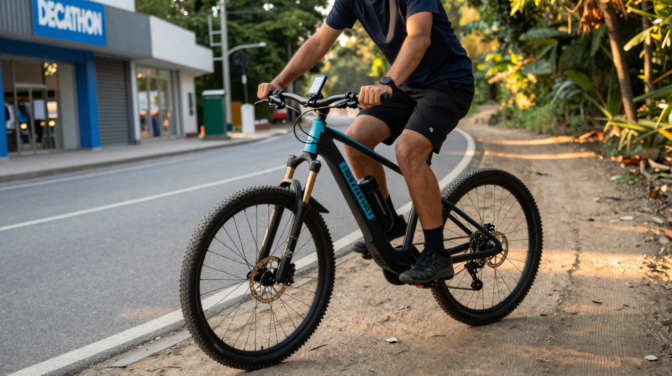 Pessoa andando de bicicleta elétrica em estrada com loja Decathlon ao fundo e vegetação ao lado.