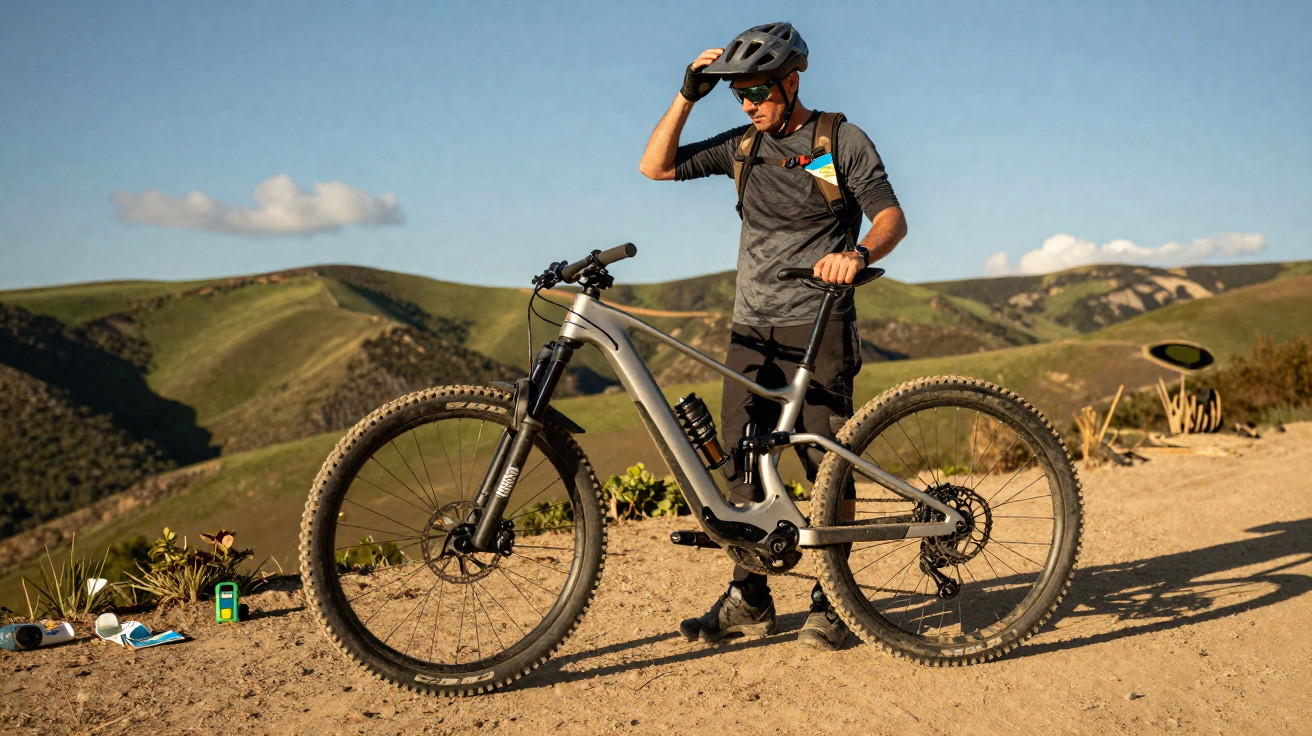 Homem com capacete e óculos ao lado de bicicleta elétrica em trilha de terra com montanhas ao fundo.