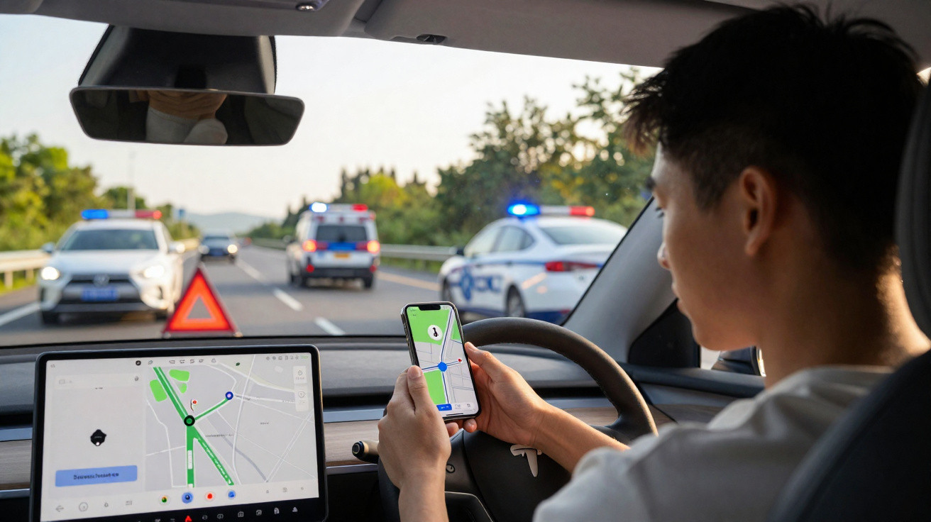 Motorista olhando para celular com GPS dentro do carro, parado atrás de viaturas policiais com sirenes acesas.