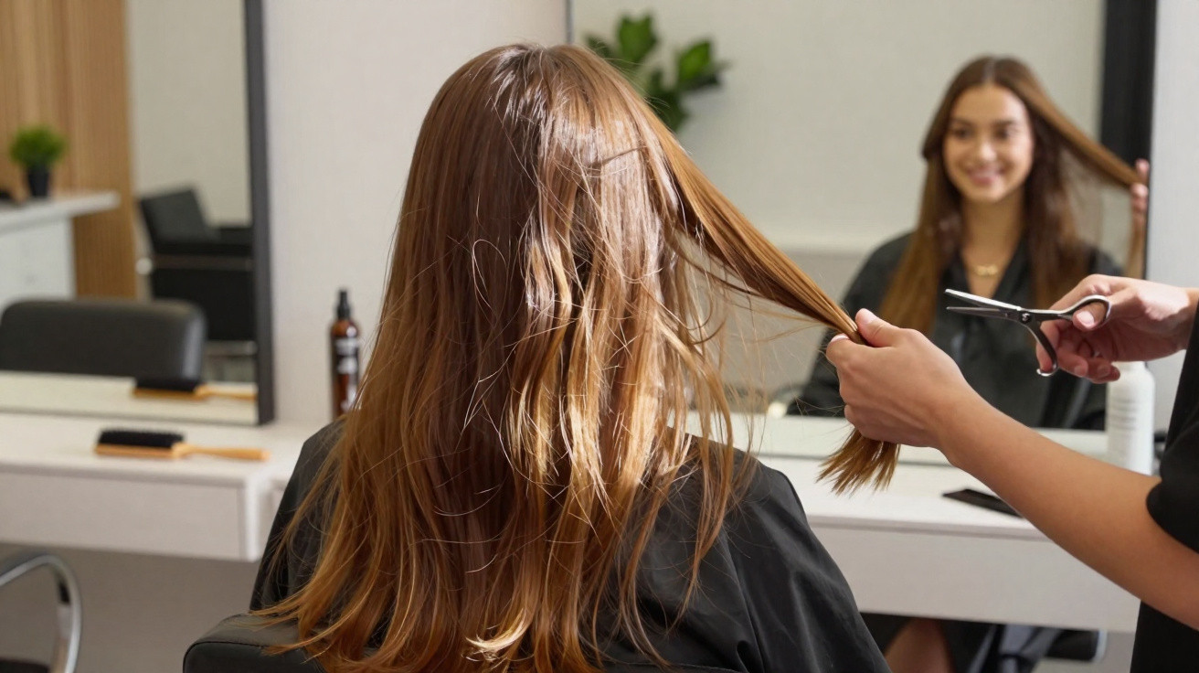 Mulher com cabelo longo loiro sendo cortado em salão de beleza, com espelho refletindo seu sorriso.