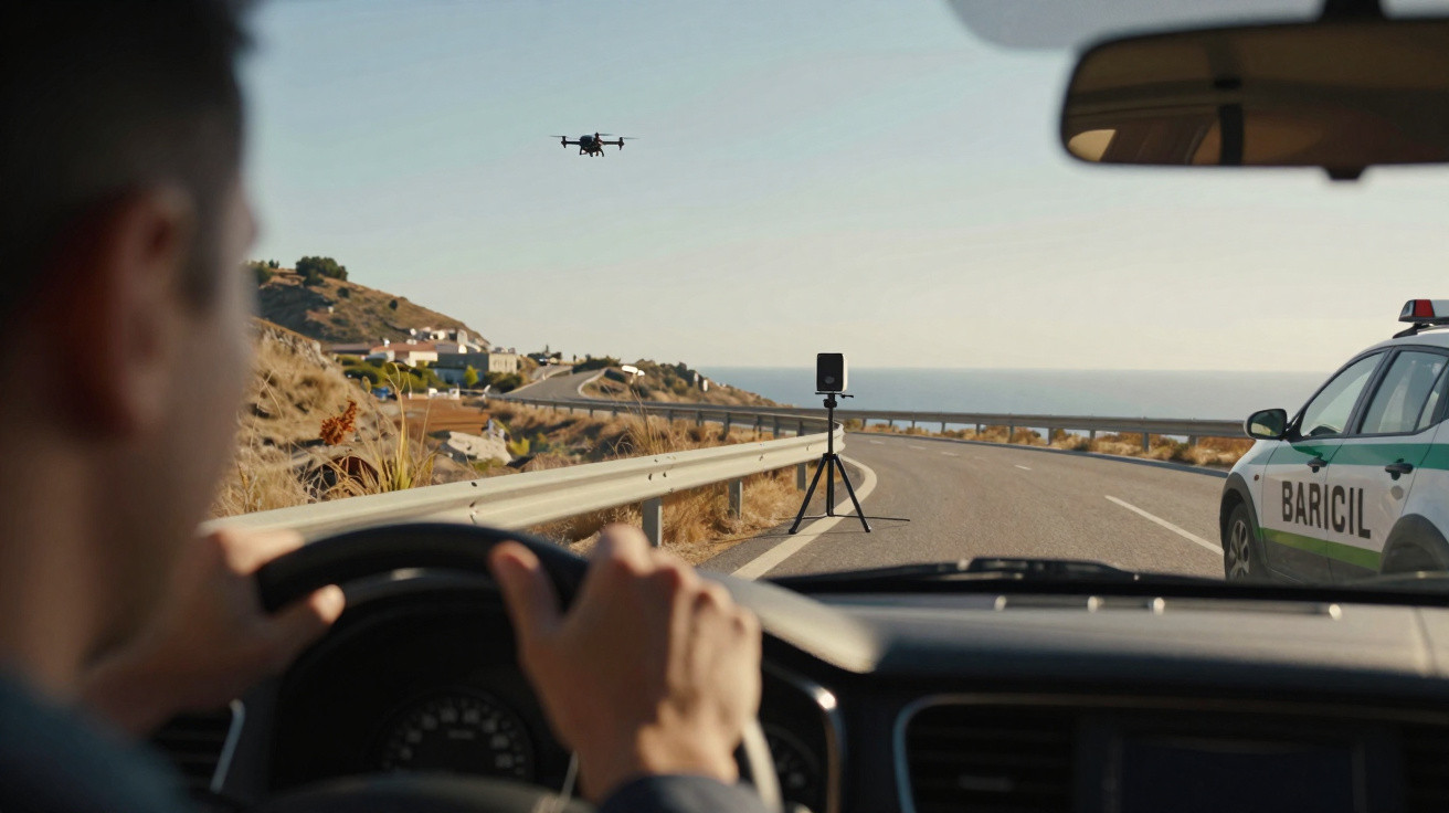 Motorista em carro próximo a radar e viatura com drone sobre estrada costeira em dia claro.