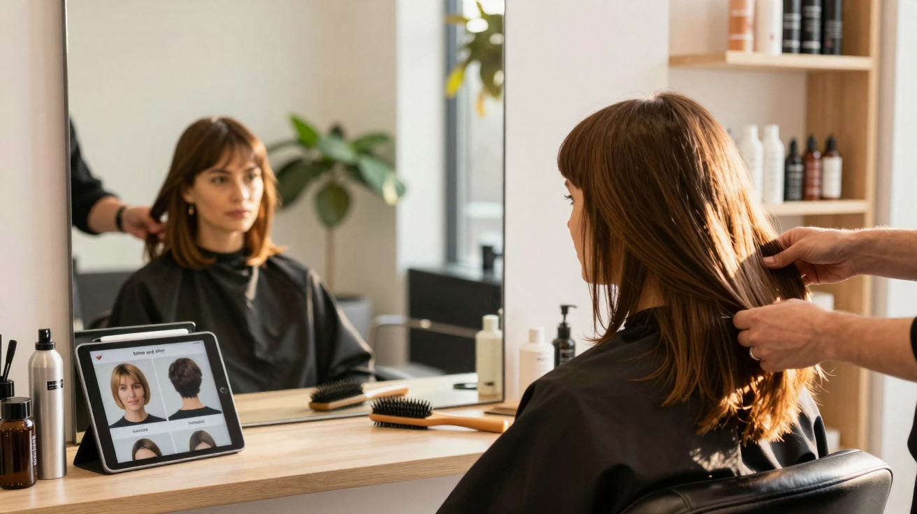 Mulher sentada em salão de beleza olhando opções de cortes de cabelo em tablet enquanto cabeleireiro mexe no cabelo dela.