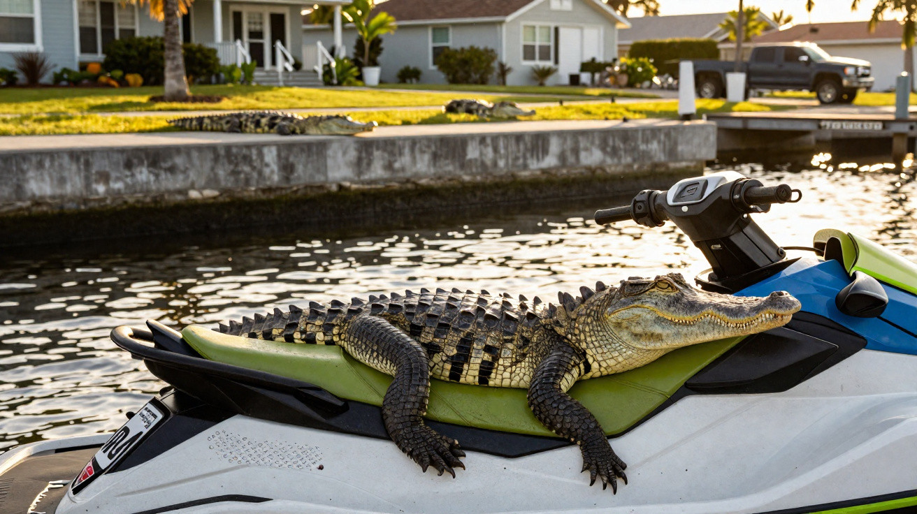 Jacaré descansando sobre o assento de um jet ski em um canal residencial próximo às casas.