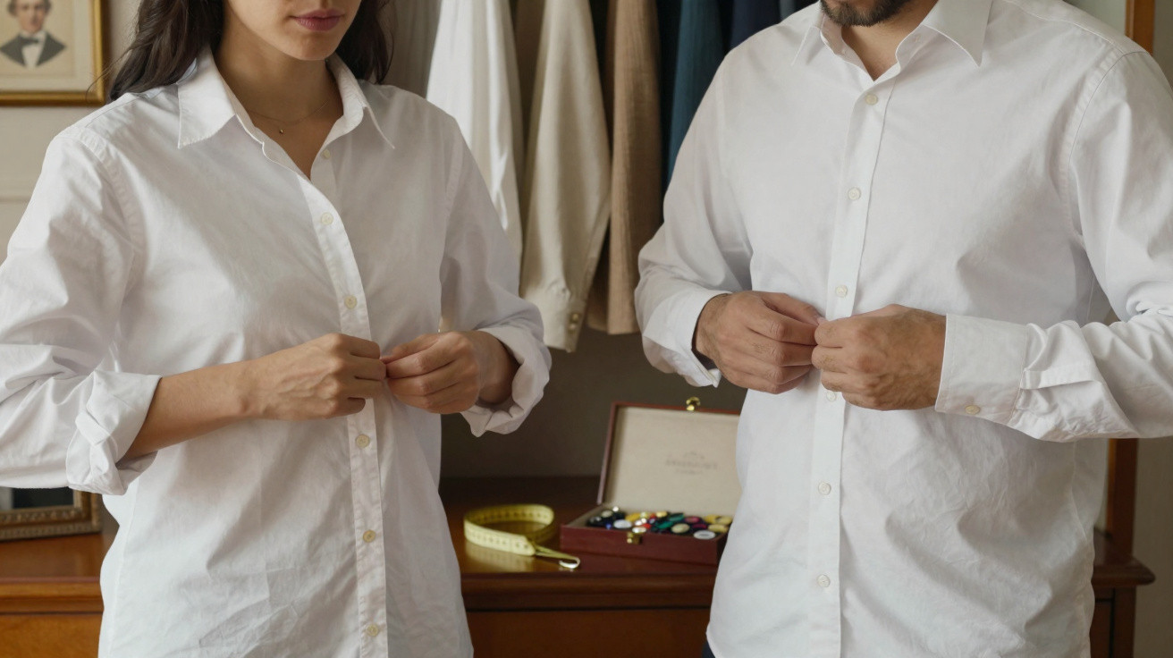 Casal vestindo camisas brancas enquanto abotoam as peças em um ambiente com roupas ao fundo.