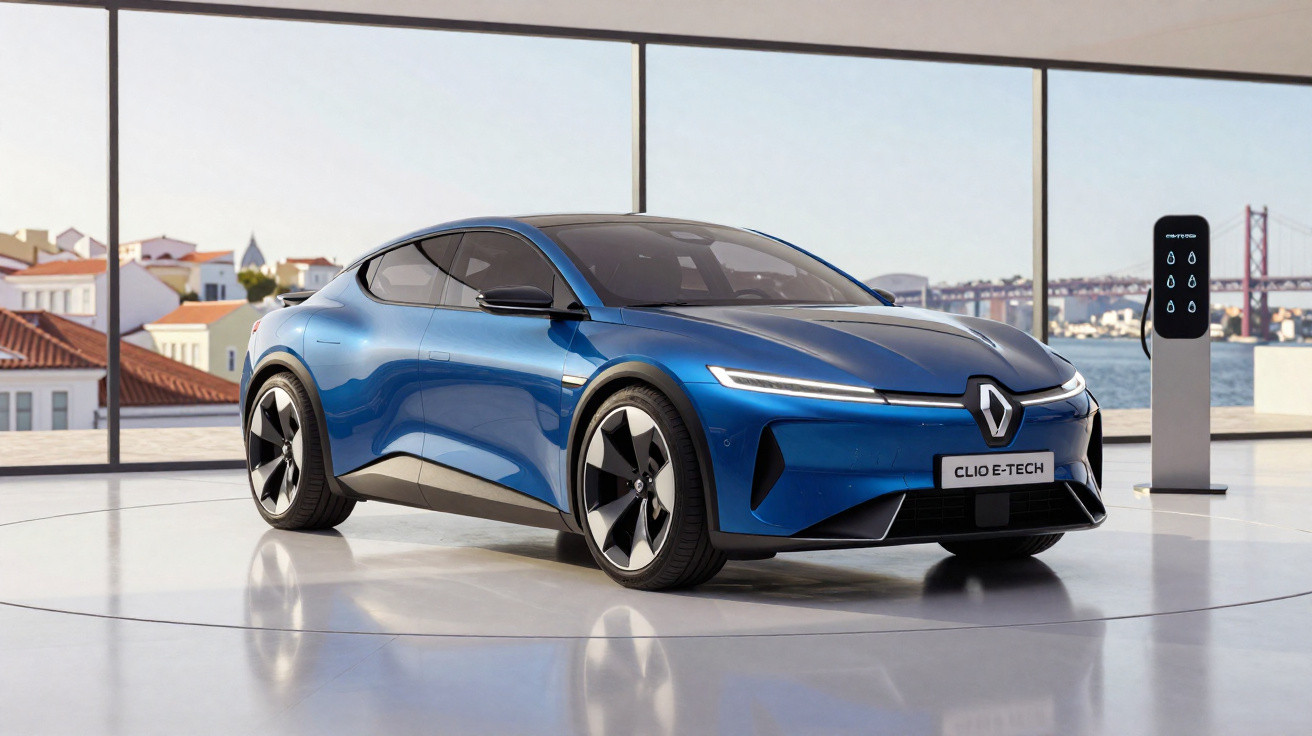 Carro elétrico azul Renault Clio E-Tech em showroom com janelas amplas e estação de recarga.