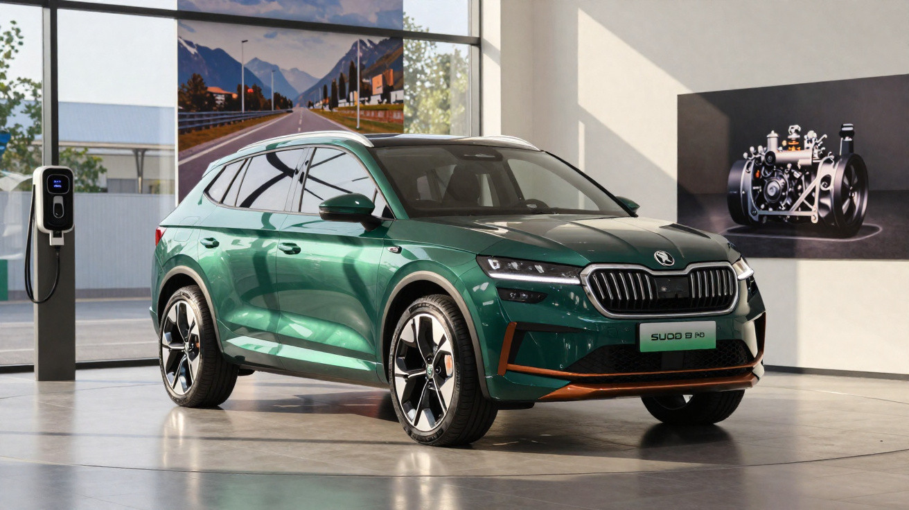 Carro SUV verde elétrico Škoda Enyaq iV em exposição dentro de showroom moderno.