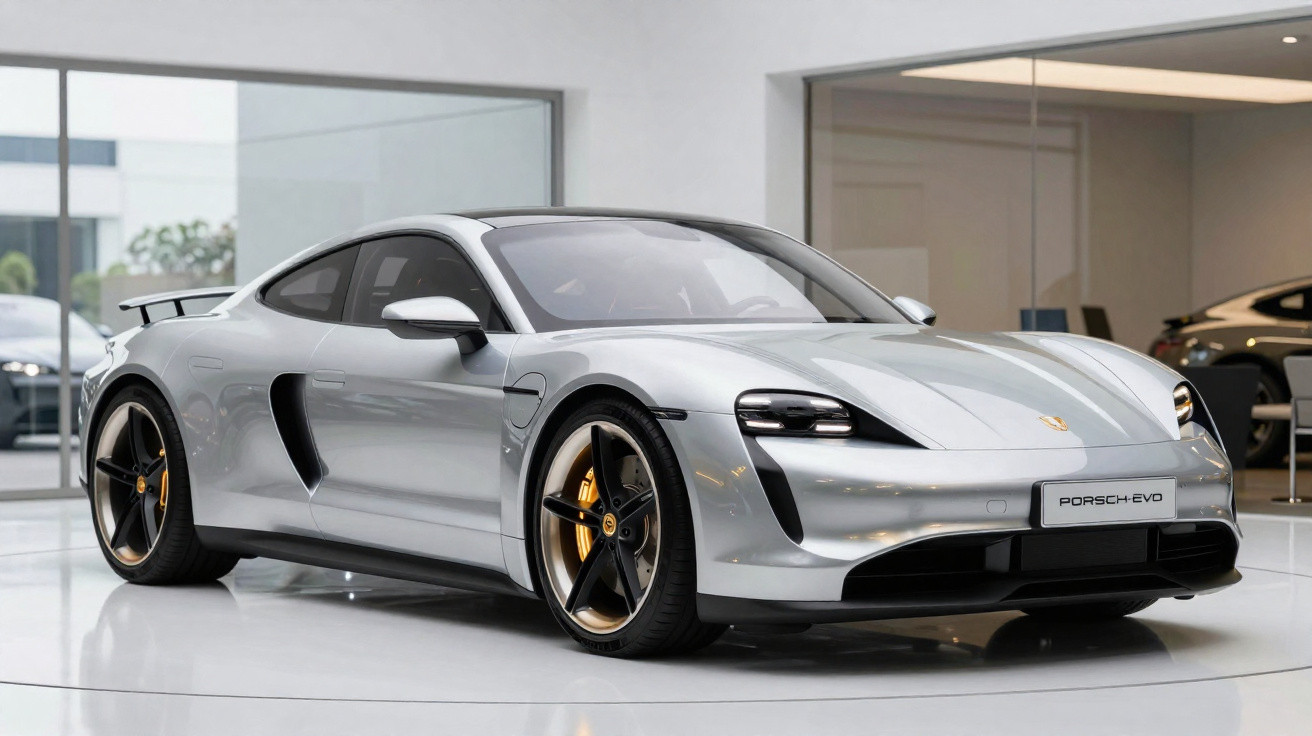 Carro esportivo Porsche Taycan prata exibido em ambiente interno moderno e iluminado.