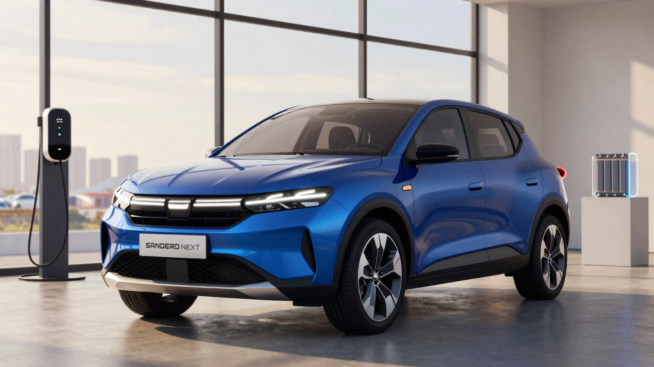Carro elétrico azul modelo Sandero Next em ambiente interno com estação de carregamento ao lado.