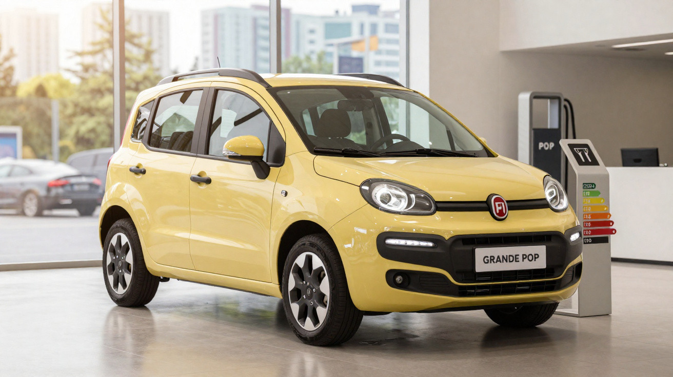 Carro compacto amarelo Fiat Grande Pop exibido em showroom moderno com painel de eficiência energética ao lado.