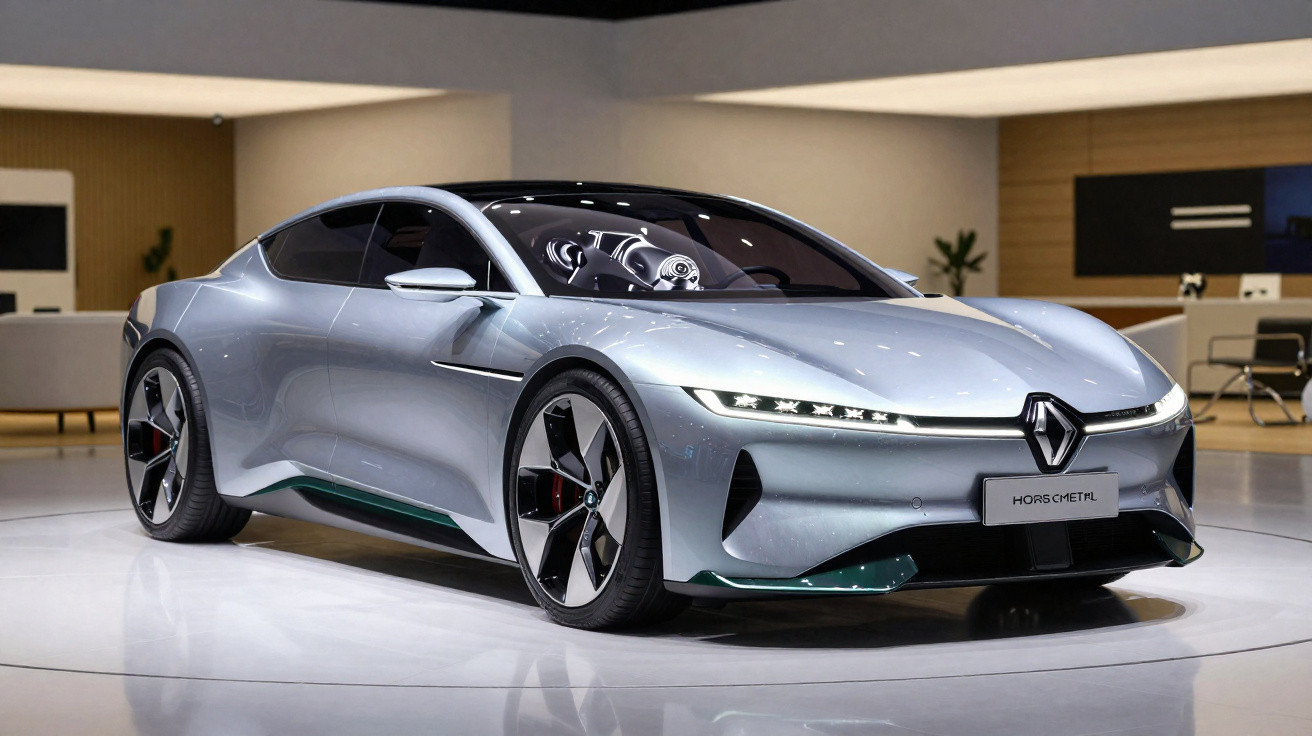 Carro elétrico esportivo prateado da Renault em exposição, com design moderno e futurista.