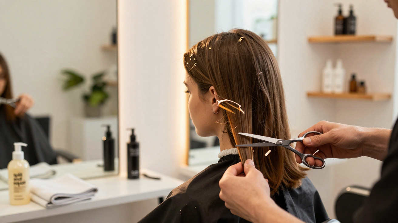 Mulher cortando cabelo em salão de beleza, com cabelo marrom e pequenas aparas caindo.