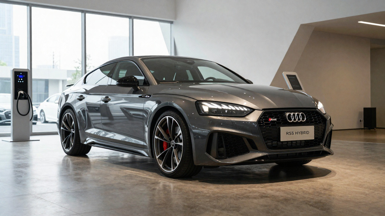 Carro esportivo Audi RS5 Hybrid cinza estacionado em showroom moderno com carregador elétrico ao lado.