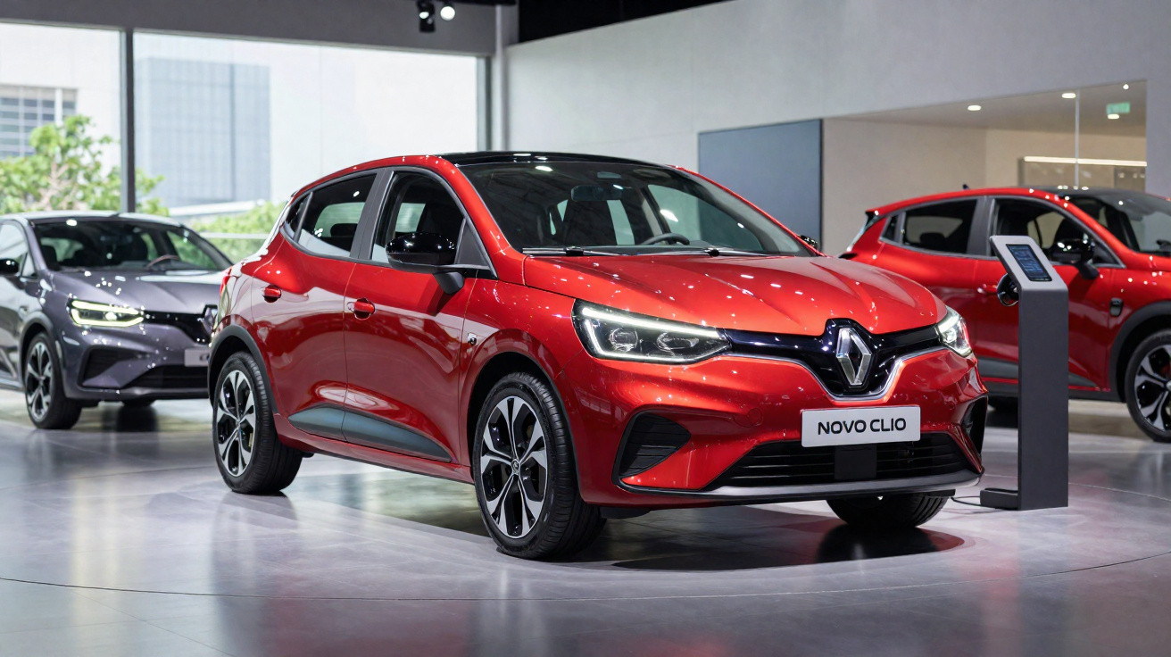 Carro vermelho Renault Novo Clio em exposição interna com outros carros ao fundo, sob luzes de teto.