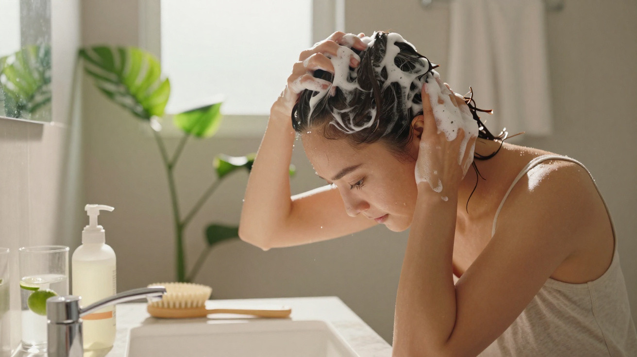 Mulher lavando o cabelo com espuma de shampoo no banheiro iluminado por luz natural.