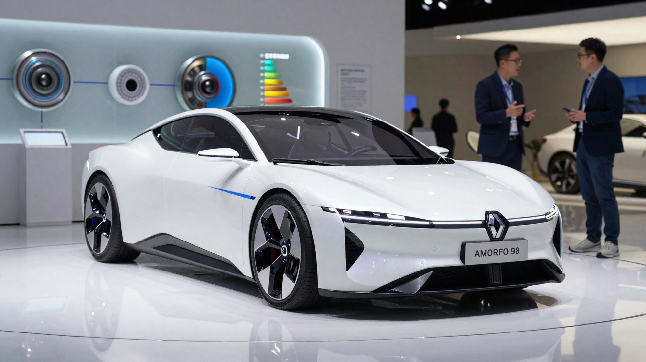 Carro conceito elétrico Renault Amorfo 98 branco em exposição com duas pessoas ao fundo conversando.