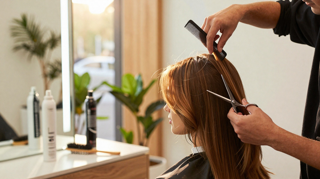 Cabeleireiro cortando o cabelo de mulher ruiva em salão de beleza iluminado.