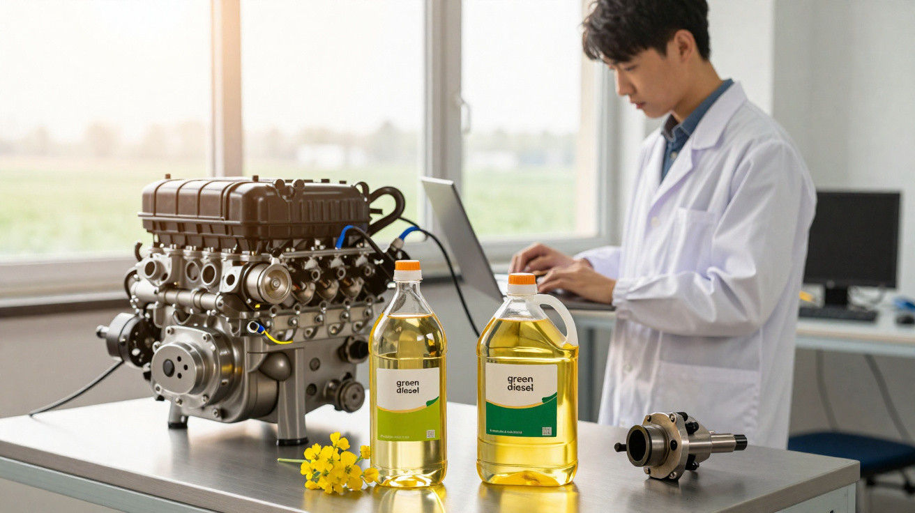 Especialista em laboratório com jaleco branco analisa dados em laptop, ao lado de motor e biodiesel verde.