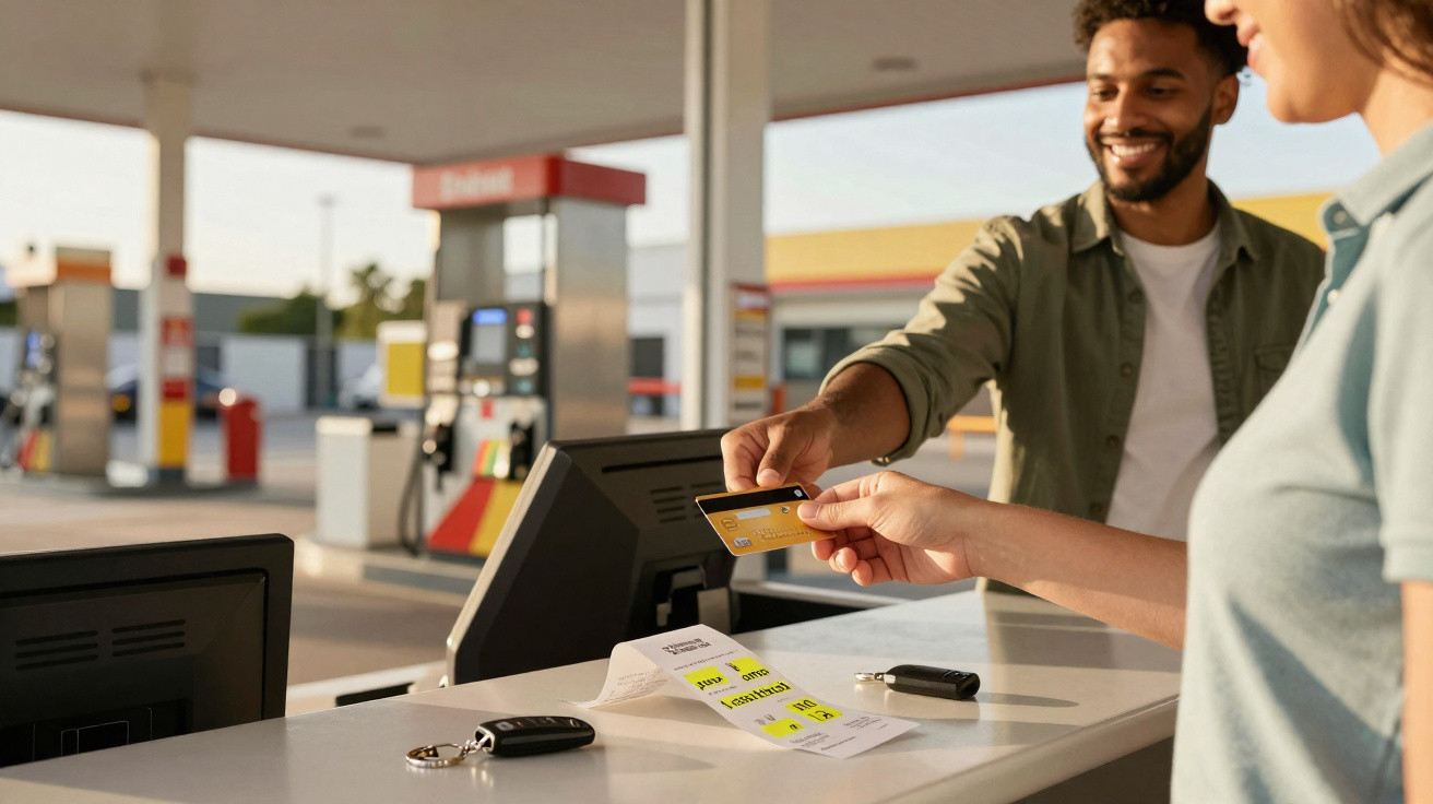Pessoa pagando com cartão de crédito em posto de combustível enquanto atendente sorri ao fundo.