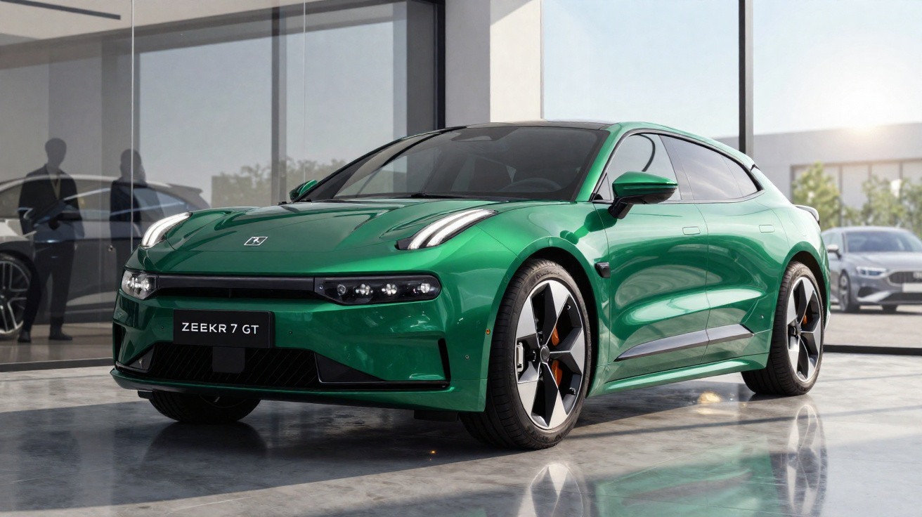 Carro elétrico esportivo verde Zeekr 7 GT estacionado em showroom moderno com luz natural.
