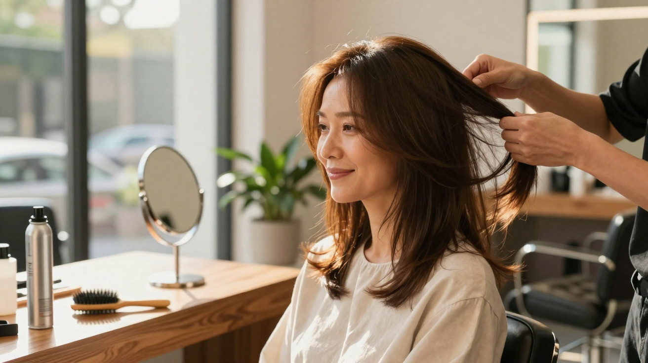Mulher sorridente sentada em salão de beleza enquanto profissional arruma seu cabelo.