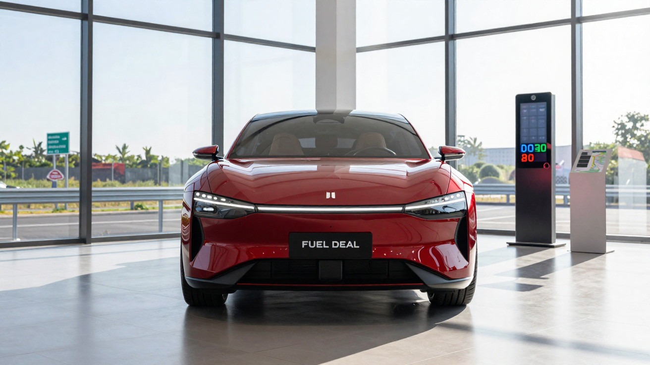 Carro elétrico vermelho moderno em showroom com painel digital ao fundo e paredes de vidro.
