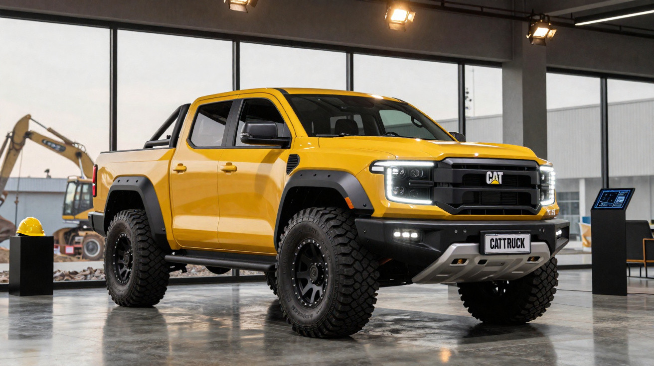 Picape amarela robusta CAT em exposição interna com pneus off-road e iluminação dianteira ligada.