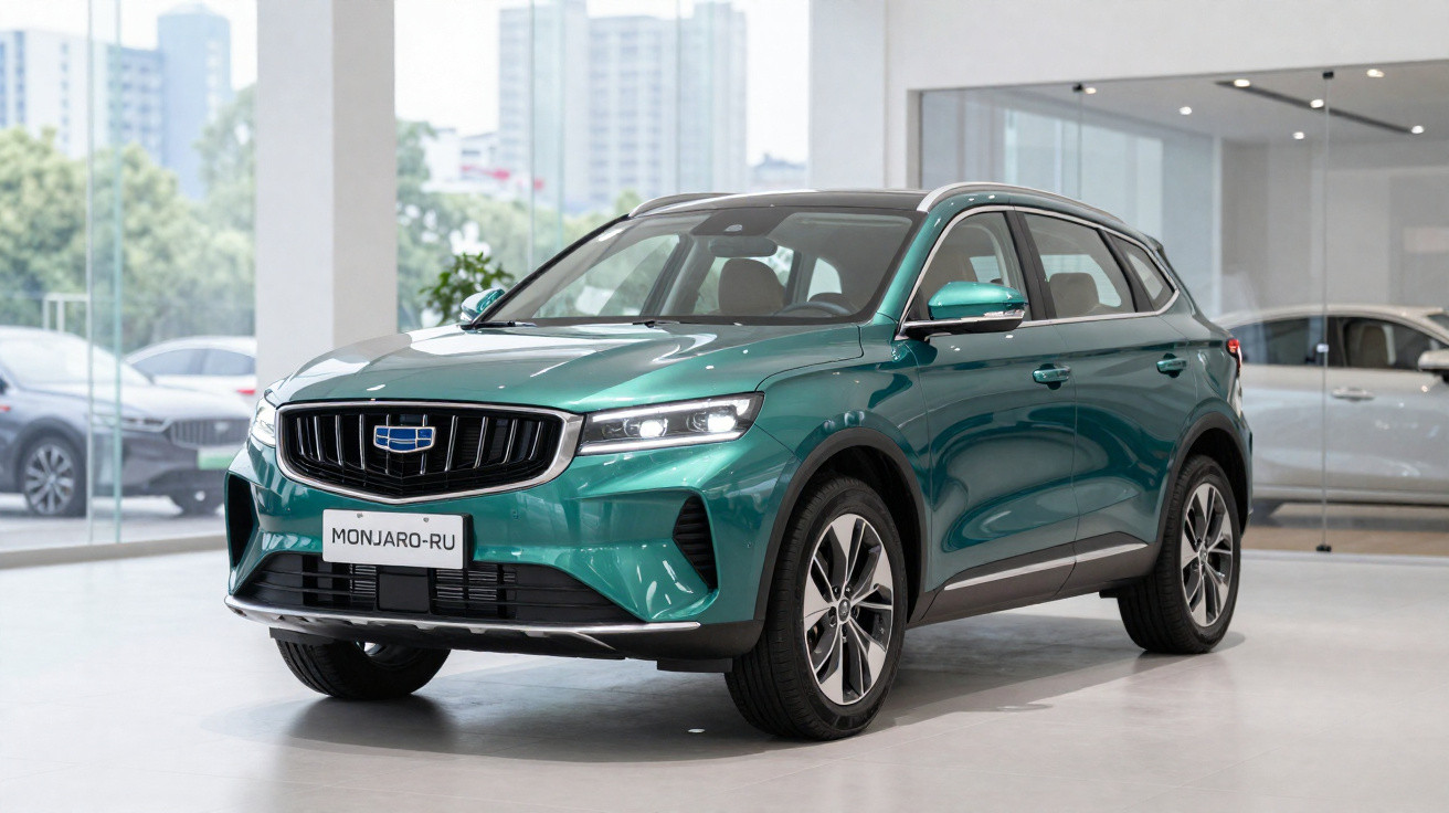 SUV verde Geely Monjaro-RU em showroom com fundo de vidro e edifícios ao longe.