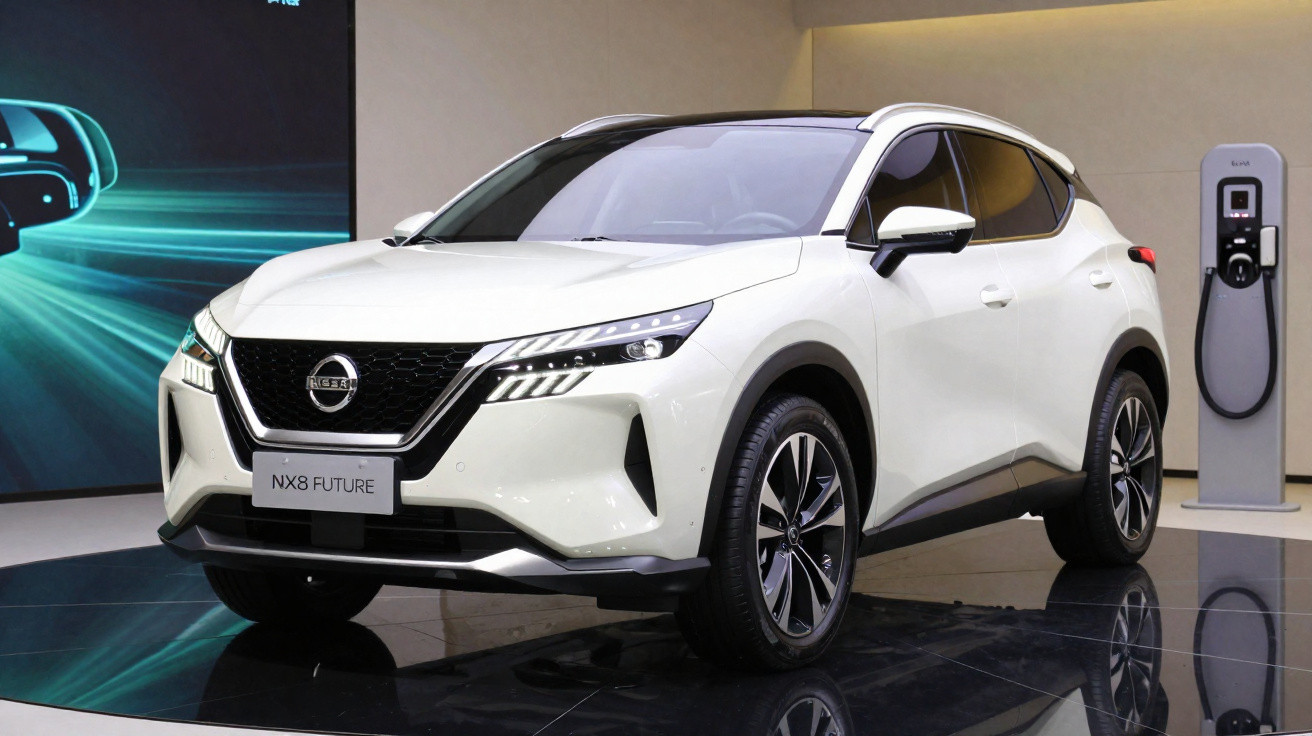 SUV elétrico branco Nissan NX8 Future exposto perto de estação de recarga em ambiente interno.