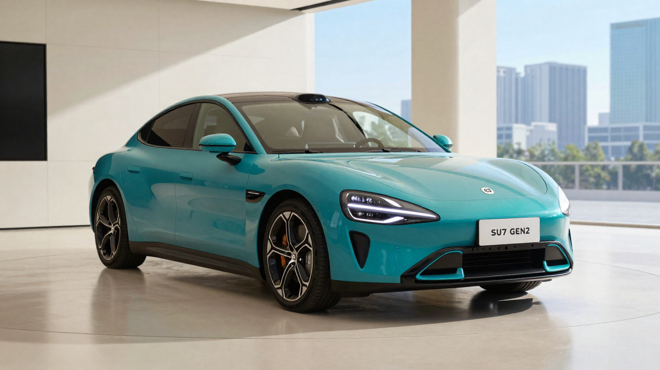 Carro elétrico azul modelo SU7 GEN2 exposto em ambiente interno com parede branca e janelas grandes.