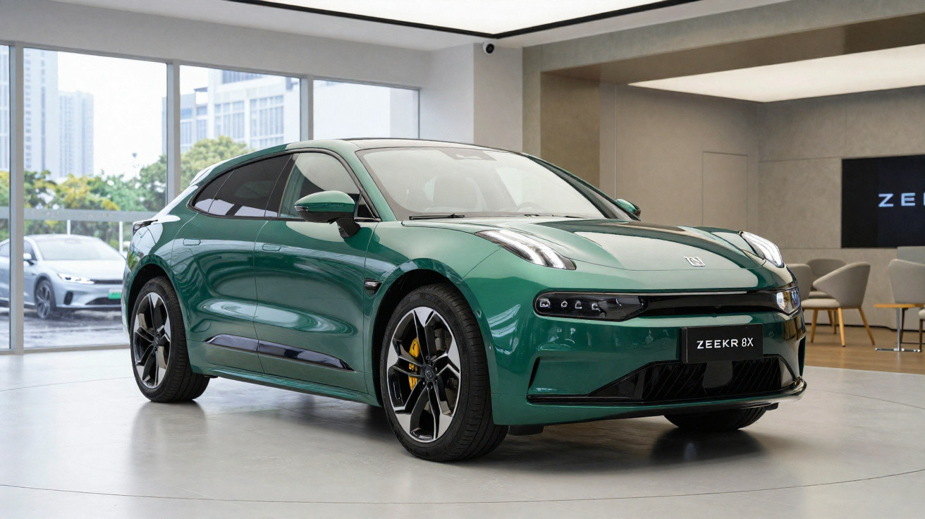 Carro elétrico verde Zeekr 8X estacionado em showroom moderno com janelas grandes.