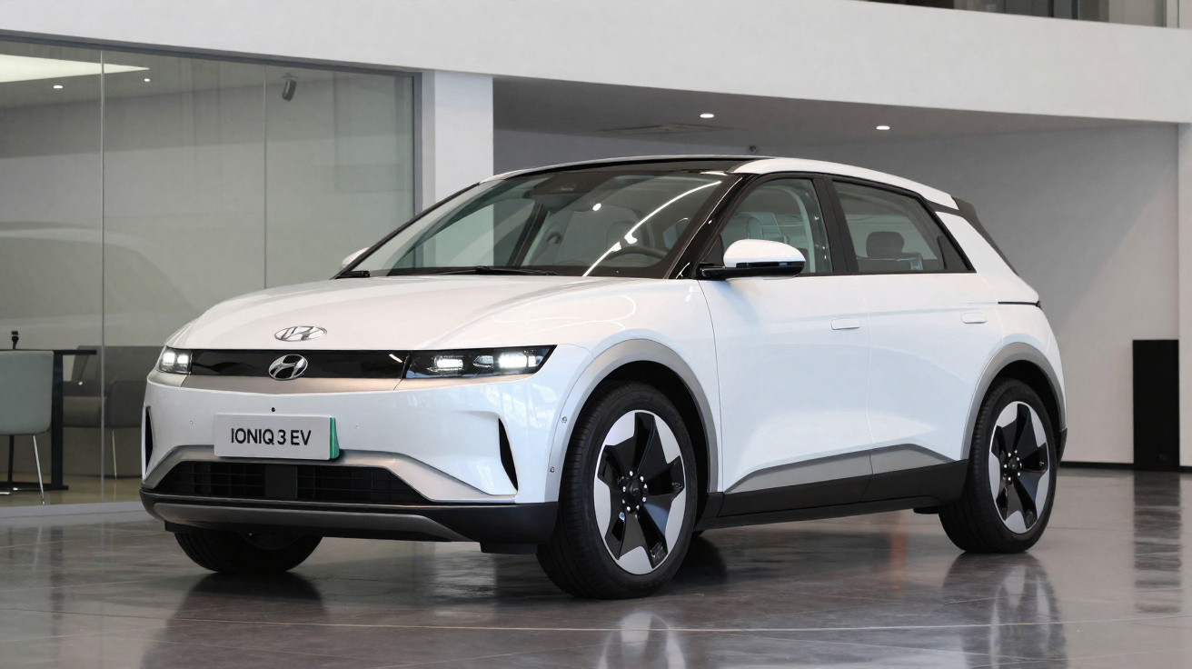Carro elétrico branco Hyundai Ioniq 3 EV estacionado em ambiente interno moderno.