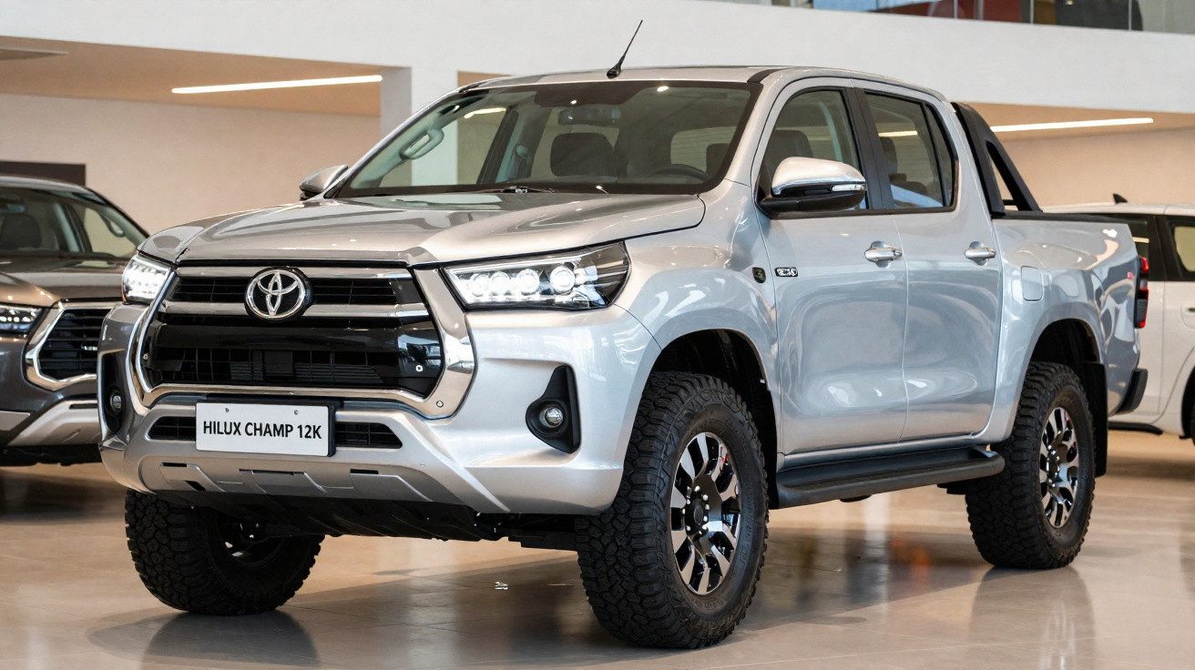 Picape Toyota Hilux Champ prata estacionada em showroom com pneus robustos e design moderno.