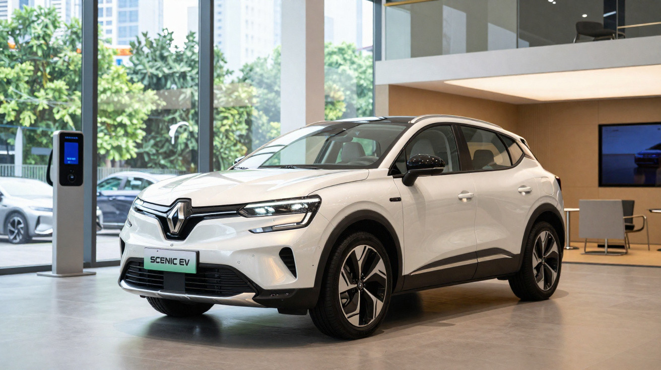Carro elétrico Renault Scenic EV branco exibido em showroom com parede de vidro e área de recepção ao fundo.