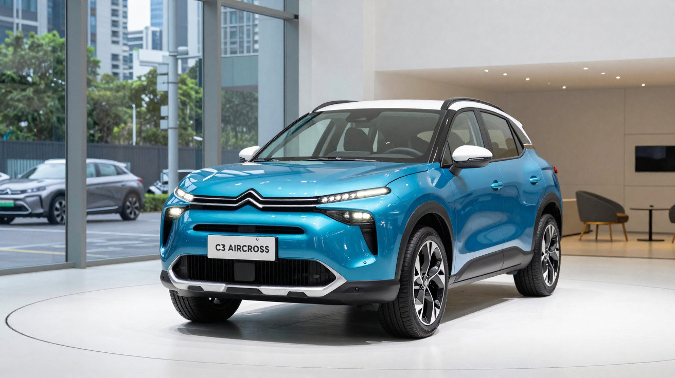 Carro SUV Citroën C3 Aircross azul exposto em showroom moderno com vidros grandes e cadeiras ao fundo.