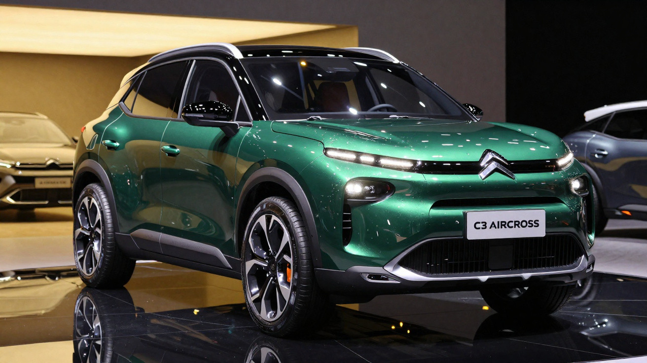 Carro Citroën C3 Aircross verde em exposição, visto de frente e lateral, com teto preto e rodas grandes.
