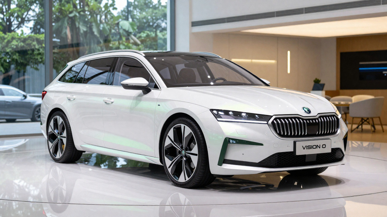 Carro elétrico branco Škoda Vision 0 em exposição, com design moderno e rodas grandes em ambiente interno.