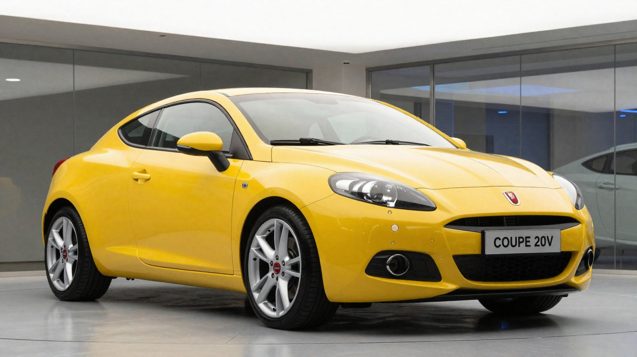 Carro esportivo amarelo modelo coupe, estacionado em ambiente interno com piso cinza.