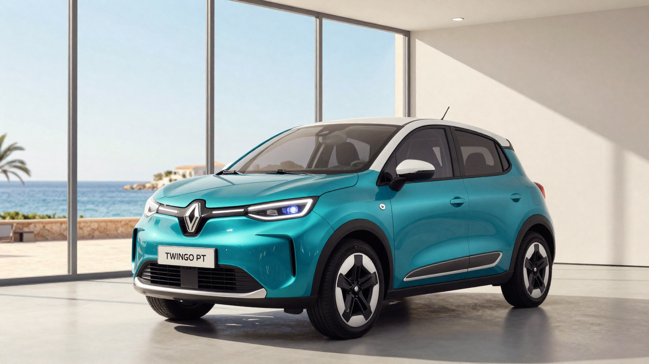 Carro Renault Twingo PT azul em exposição interna com janela ampla e vista para o mar.
