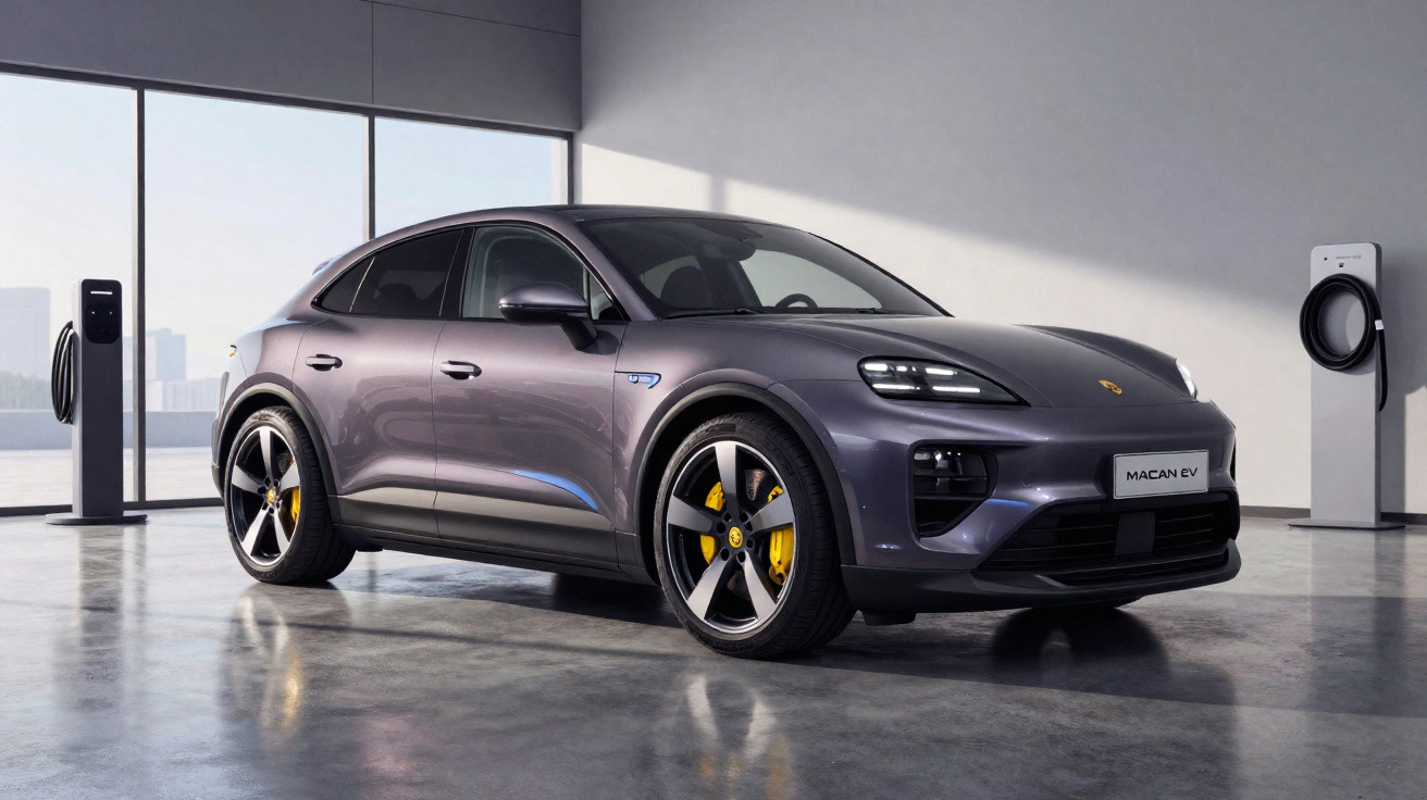 Carro elétrico Porsche Macan EV cinza estacionado em showroom moderno com carregadores nas paredes.