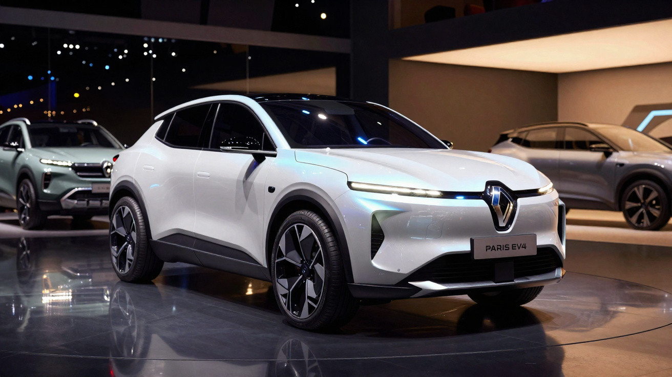 Carro elétrico branco modelo Paris EV4 em exposição em salão automotivo moderno.