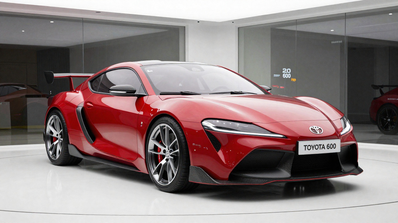 Carro esportivo Toyota 600 vermelho em exposição interna com design aerodinâmico e rodas largas.