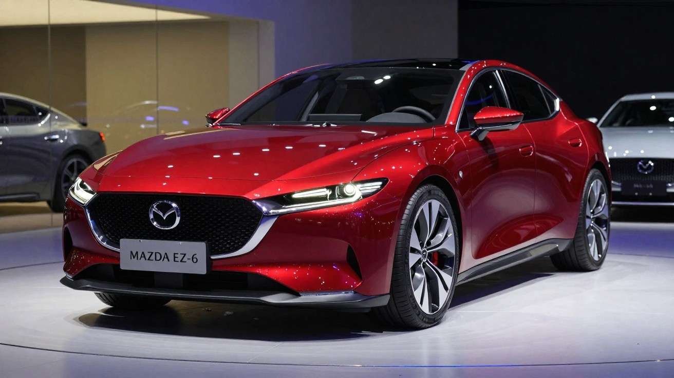 Carro esportivo vermelho Mazda EZ-6 exibido em salão de automóveis com iluminação interna.