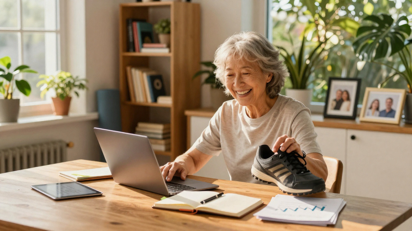 Mulher idosa sorrindo, segurando um tênis enquanto usa laptop em mesa com livros e plantas.