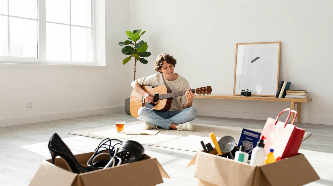 Jovem sentado no chão de apartamento vazio tocando violão, com caixas de mudança abertas ao redor.