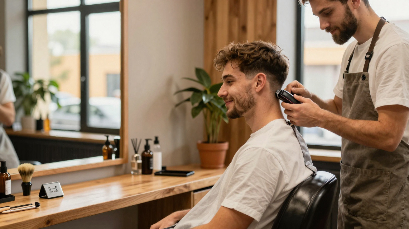 Homem sorridente recebendo corte de cabelo com máquina em barbearia moderna iluminada natural.