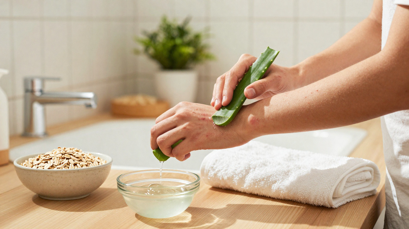 Pessoa extraindo gel de aloe vera para cuidar da pele, com toalha branca e tigela na bancada do banheiro.