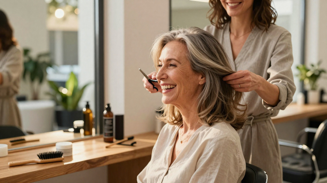 Mulher sorridente recebendo corte de cabelo em salão moderno com cabeleireira ao fundo.