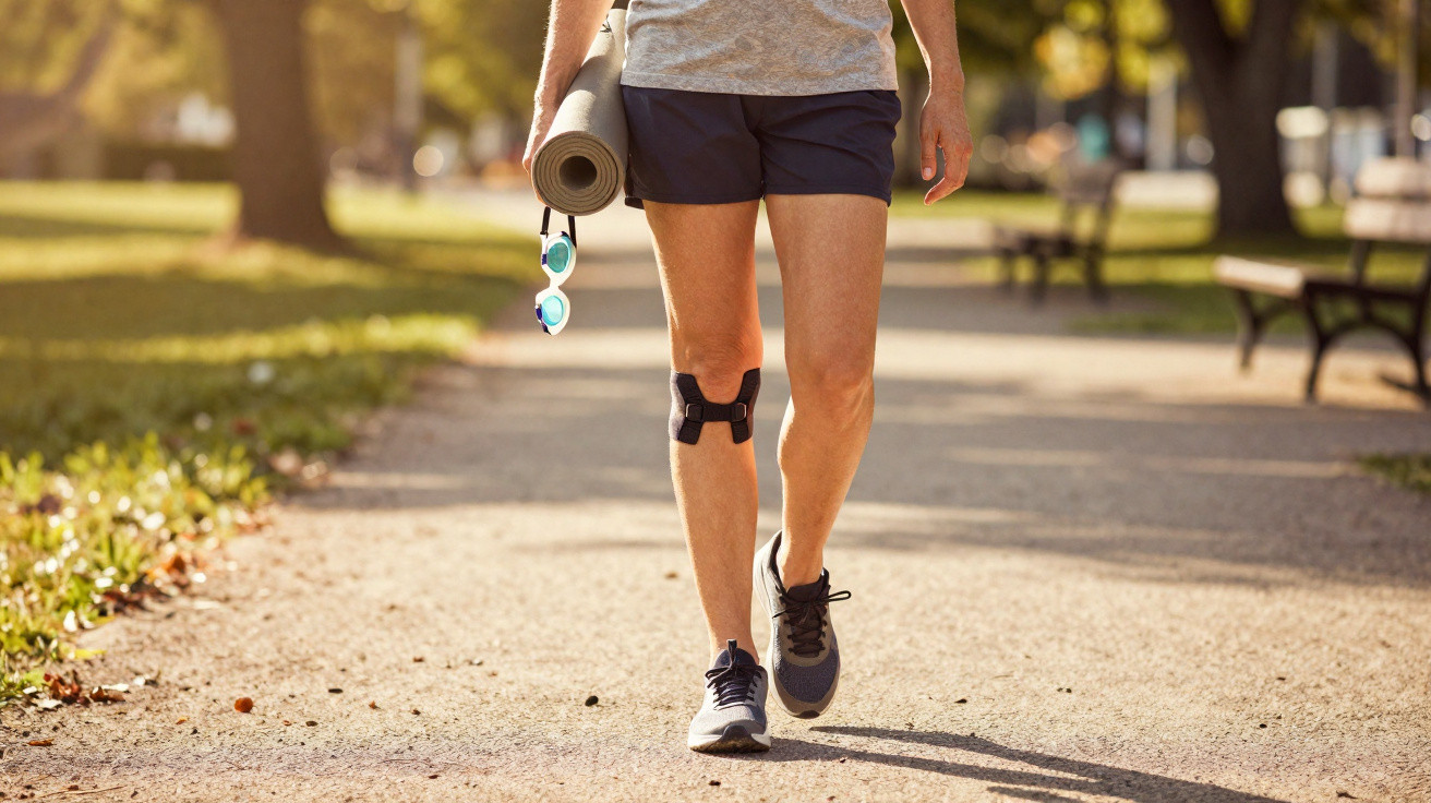 Pessoa caminhando em parque com shorts, tênis, joelheira e tapete de yoga pendurado no braço.